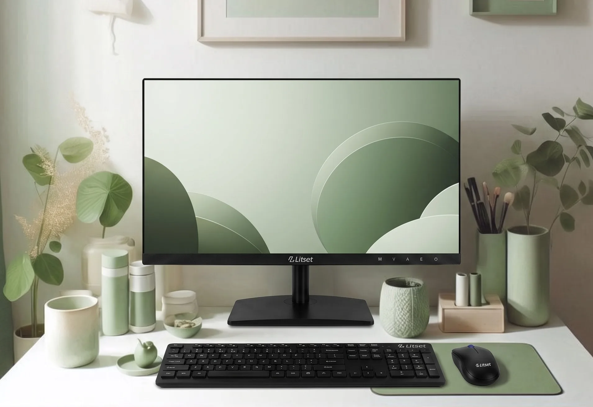 Organized Litset desk setup with monitor, keyboard, and mouse