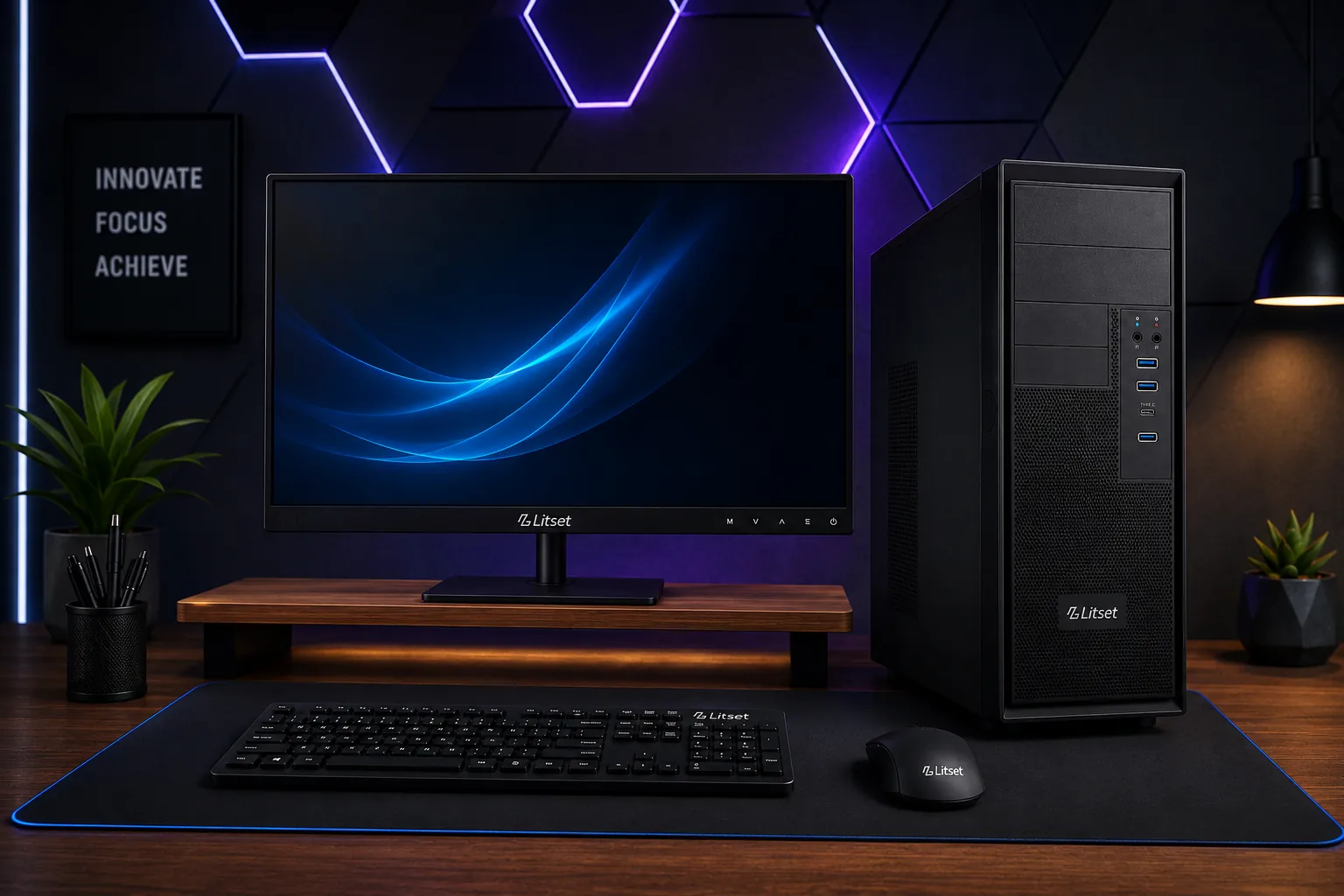 Litset desktop tower and monitor on a dark-themed desk setup