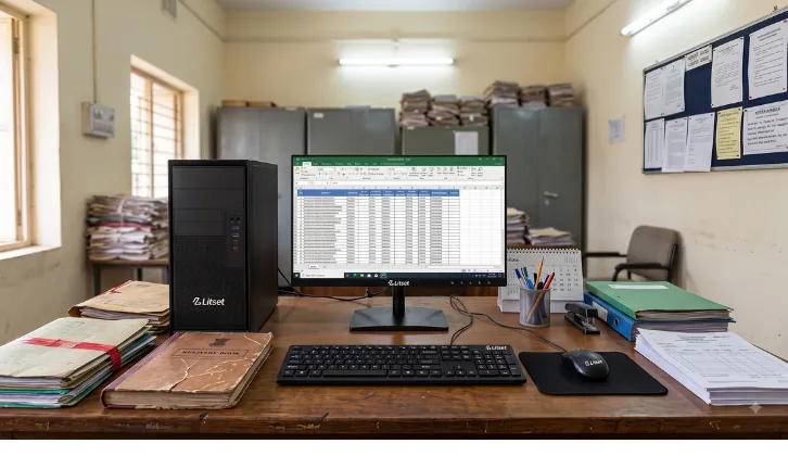 Litset desktop and monitor set up on a government office desk