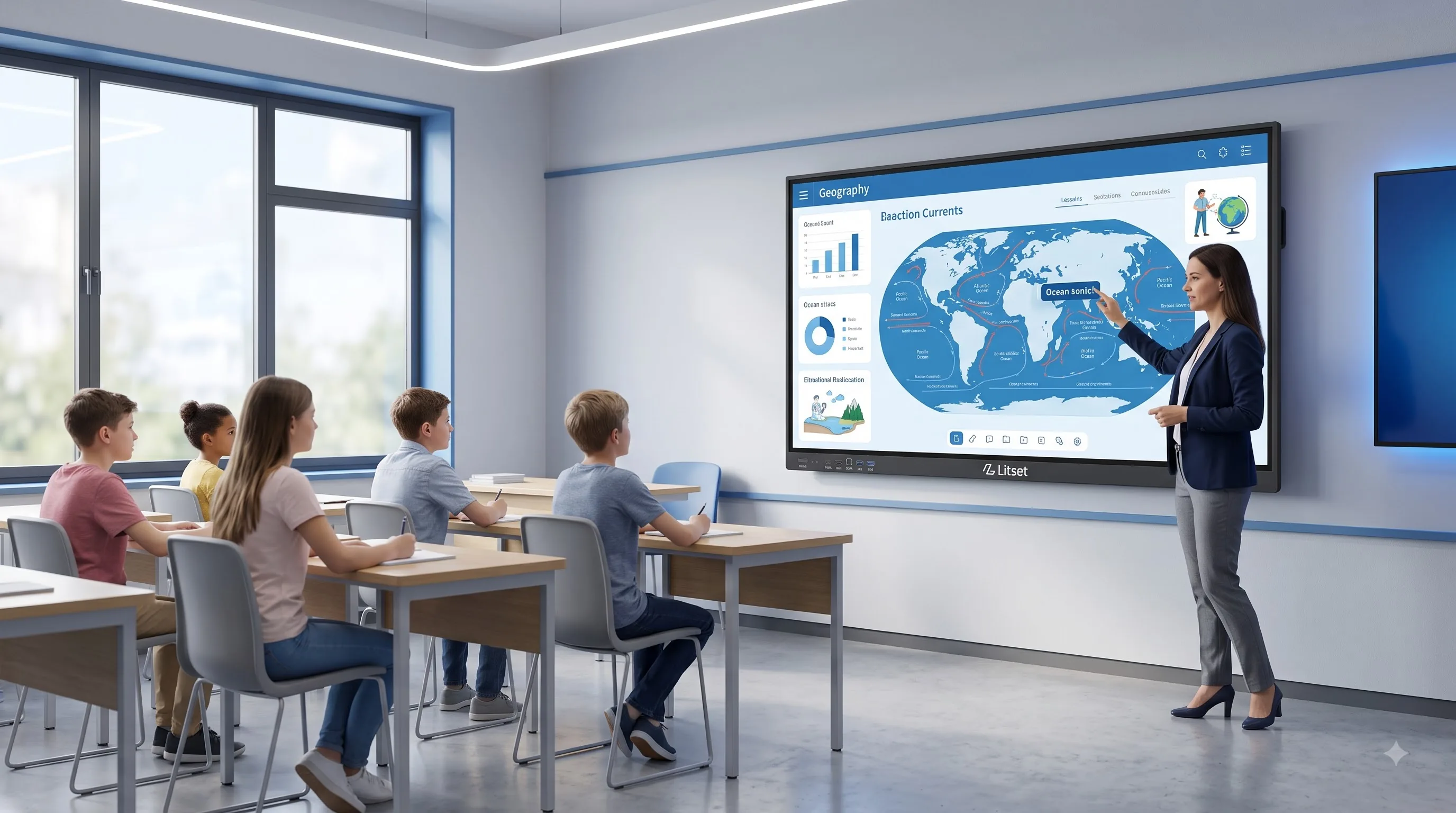 Teacher leading a lesson on a Litset interactive classroom panel