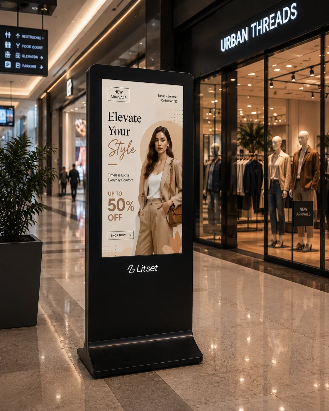 Litset digital signage standee displaying a promotional ad in a retail mall