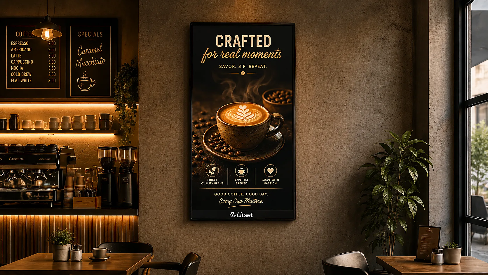 Litset digital signage display mounted on a café wall showing a coffee promotion
