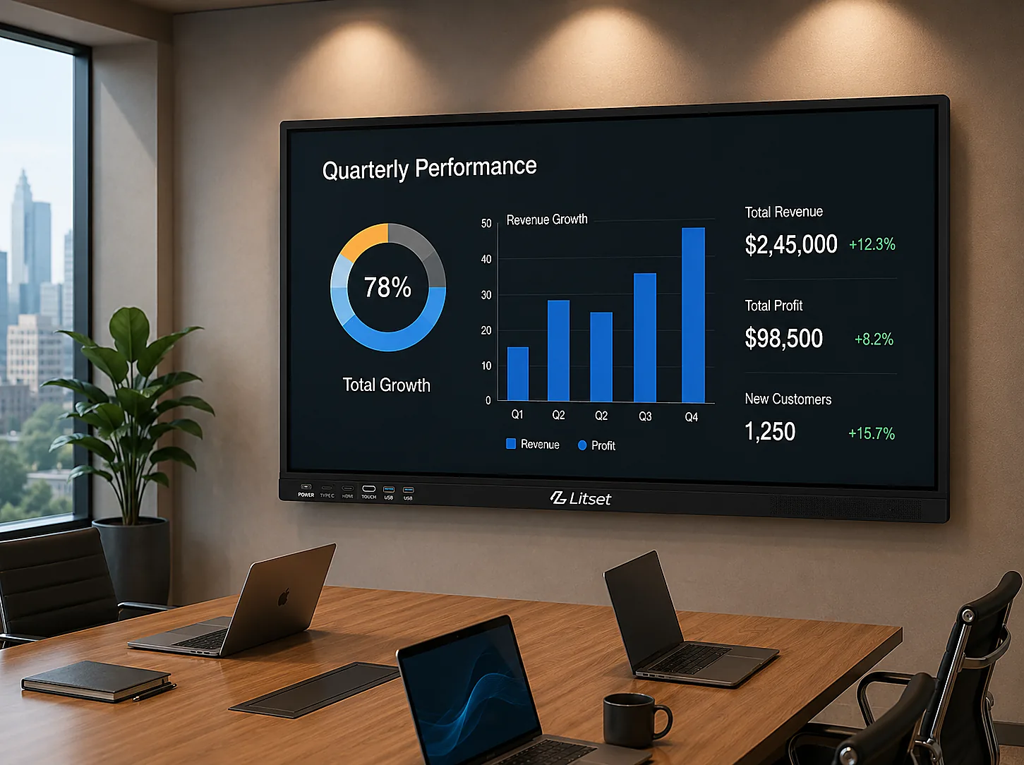 Corporate boardroom with a Litset interactive panel showing a quarterly performance dashboard
